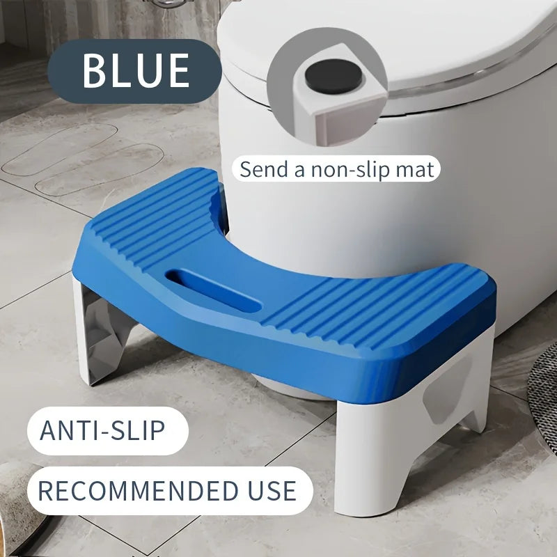 A blue anti-slip squatting stool is shown next to a white toilet, recommended for bathroom use.