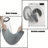 Diagrams showing a water seepage bathroom floor mat being washed in a machine and demonstrating its absorbency.