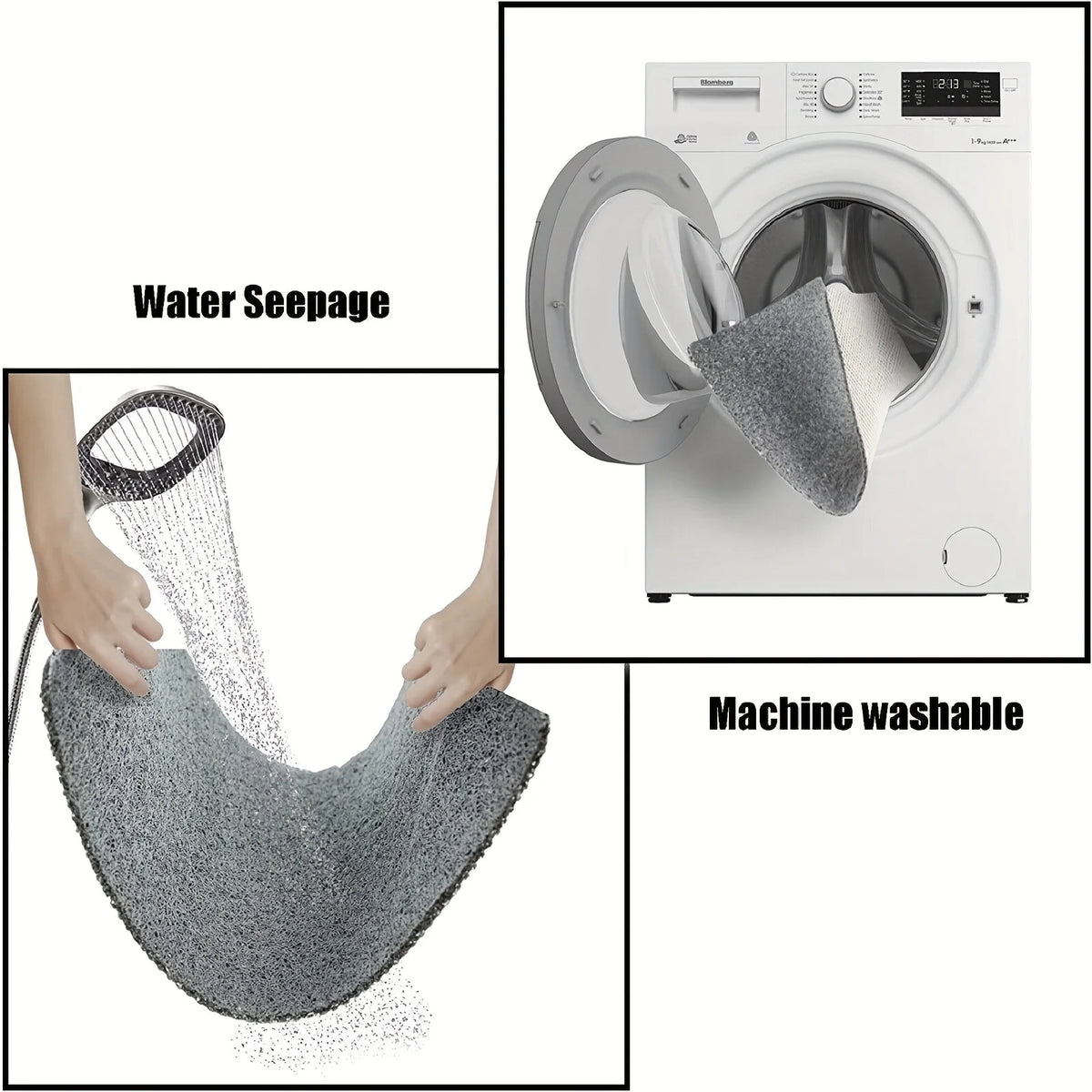 Diagrams showing a water seepage bathroom floor mat being washed in a machine and demonstrating its absorbency.
