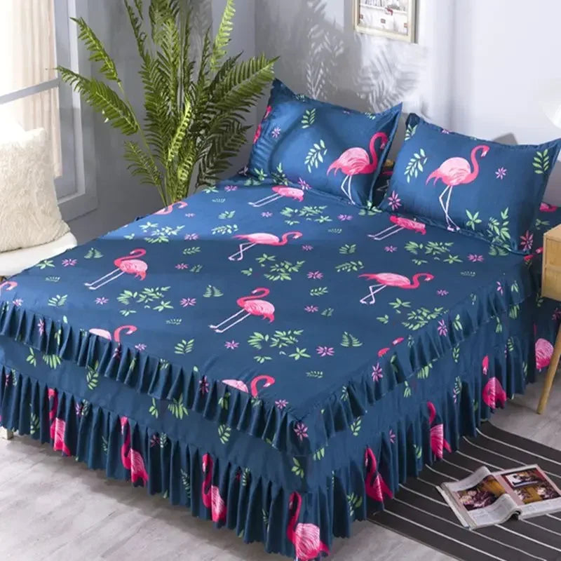 Elegant Elastic Fitted Bed Sheet Set with Lace Skirt and Pillowcases