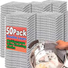 A stack of 50-pack double-layer multipurpose wire cleaning cloths in gray and white are shown next to a stainless steel bowl.