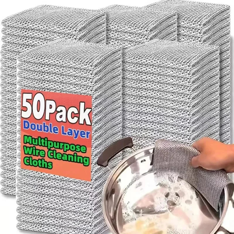 A stack of 50-pack double-layer multipurpose wire cleaning cloths in gray and white are shown next to a stainless steel bowl.