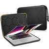 A black EVA protective laptop sleeve with a gold accent is shown open, displaying a silver laptop inside.