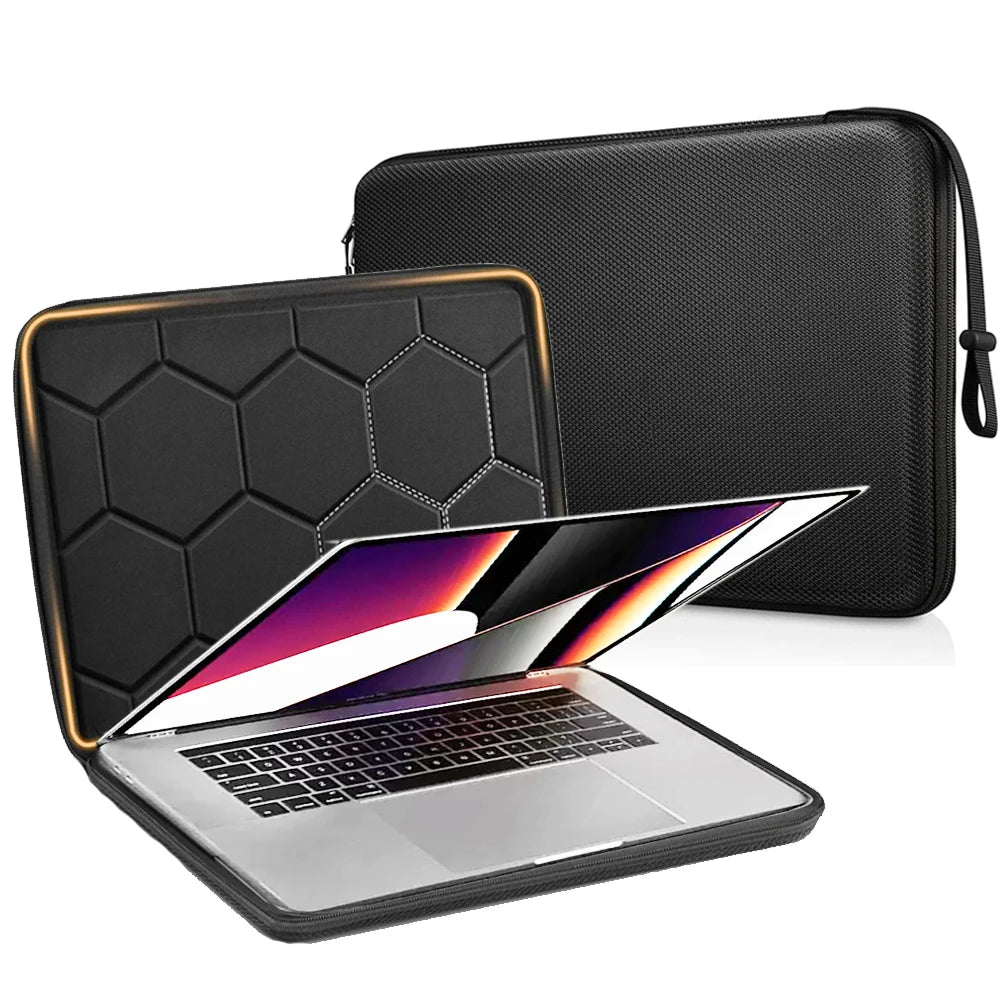 A black EVA protective laptop sleeve with a gold accent is shown open, displaying a silver laptop inside.
