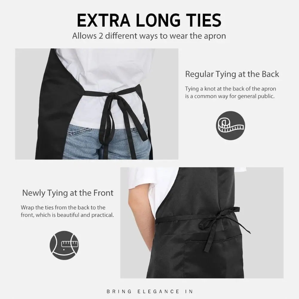 A black bib apron shown in two ways: tied at the back and wrapped at the front.