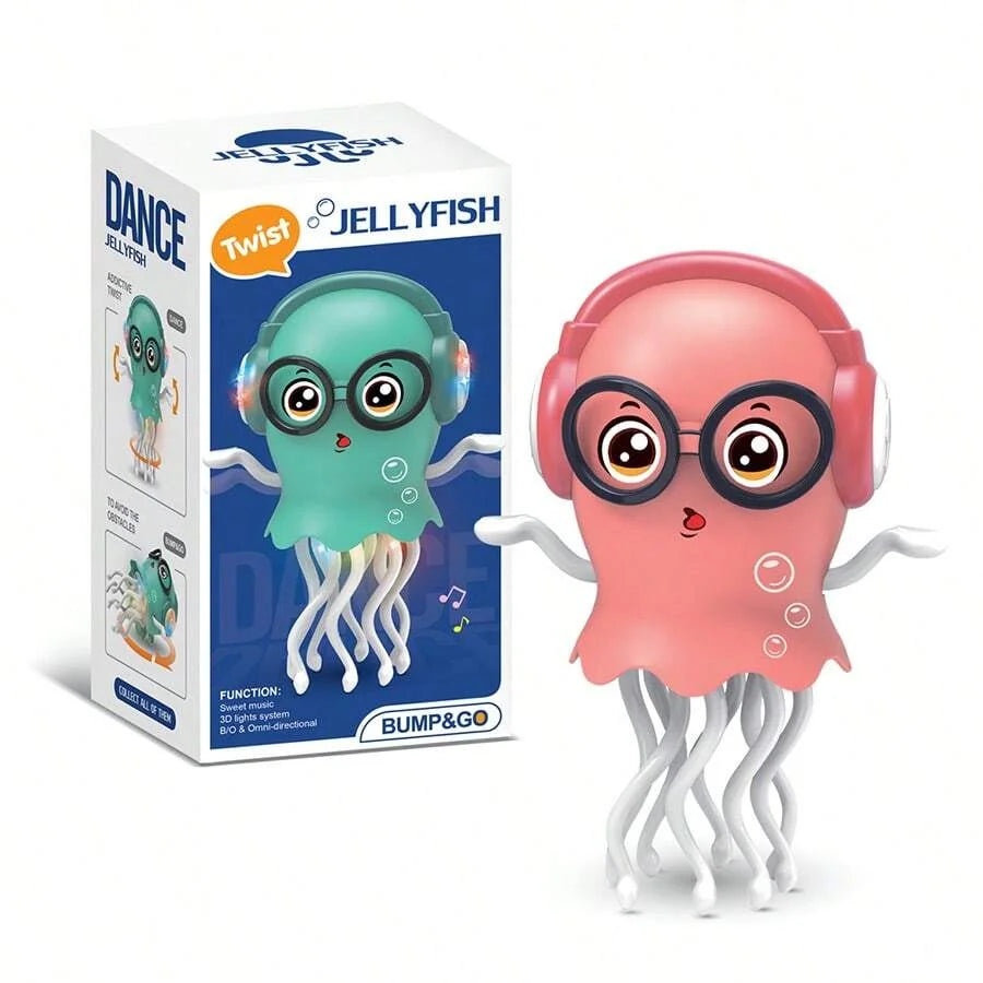 A pink jellyfish toy with large glasses and tentacles is shown next to its packaging box.