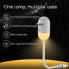 A white LED lamp with a flexible cord is shown against a dark background, highlighting features like dual-mode switching and 