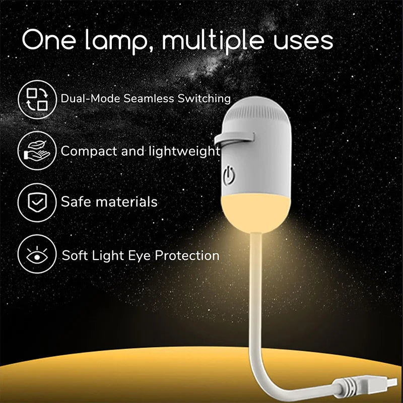 A white LED lamp with a flexible cord is shown against a dark background, highlighting features like dual-mode switching and 