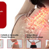 A person is shown receiving red light therapy treatment on the neck and shoulder area.