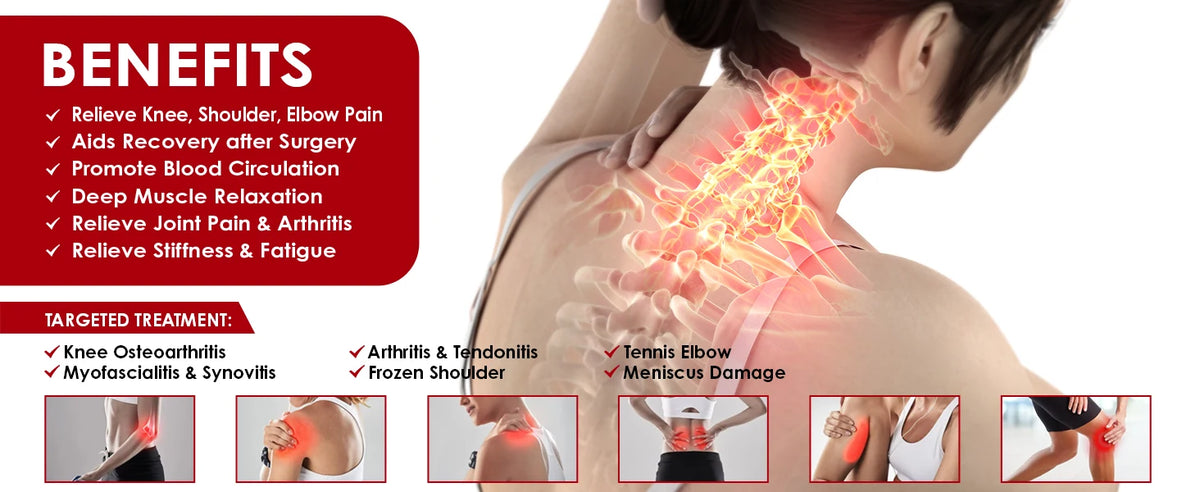 A person is shown receiving red light therapy treatment on the neck and shoulder area.