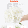 A bunch of white silk hydrangea flowers is shown, with close-ups of the front and back.