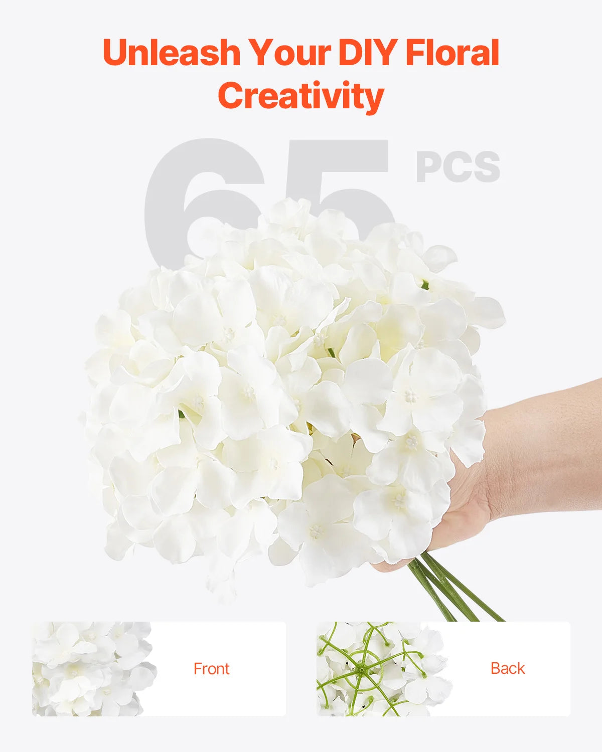 A bunch of white silk hydrangea flowers is shown, with close-ups of the front and back.
