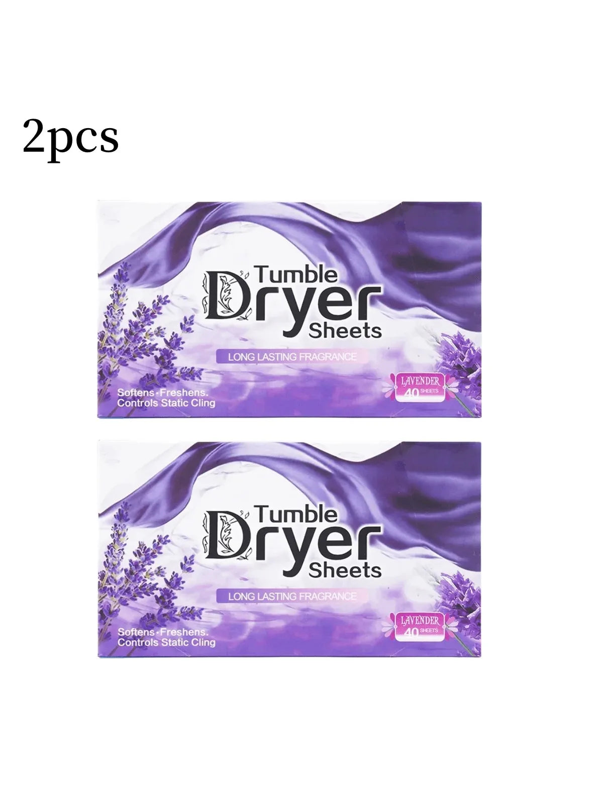 Two packages of purple dryer sheets with lavender fragrance and text indicating softening and anti-static properties
