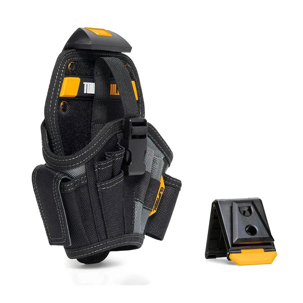Black and orange ClipTech heavy-duty drill holster with a belt hub