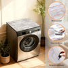 A stainless steel washing machine with a wood grain top and side panels, showing features like waterproof and scratch-resista