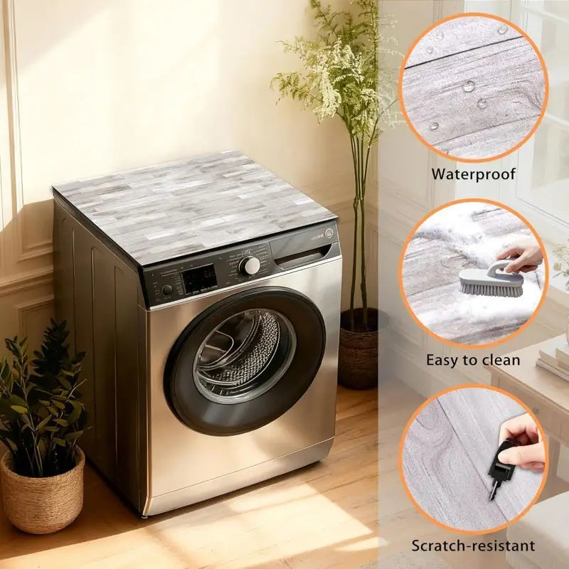 A stainless steel washing machine with a wood grain top and side panels, showing features like waterproof and scratch-resista