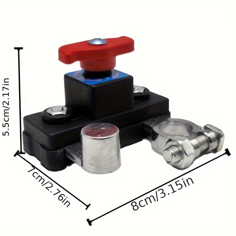 A black and red universal car battery cut off switch with a silver threaded fitting.