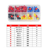 A plastic kit containing assorted male and female insulated wire crimp terminals in various colors and sizes.