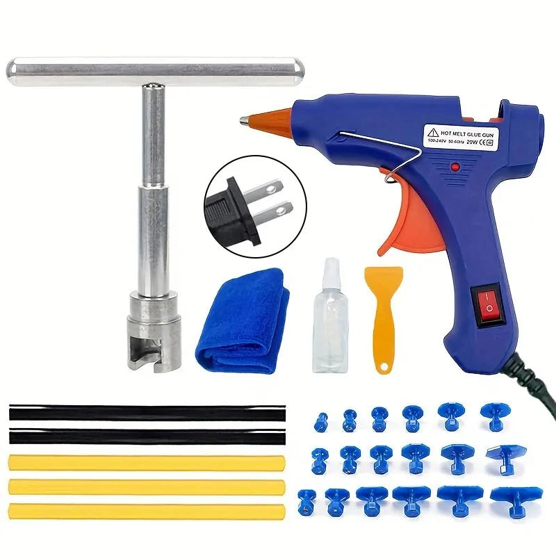 Paintless dent repair kit featuring a puller, glue gun, and various adhesive tabs and rods.