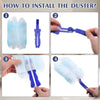 Four steps showing how to install the duster by attaching fiber heads to a handle.