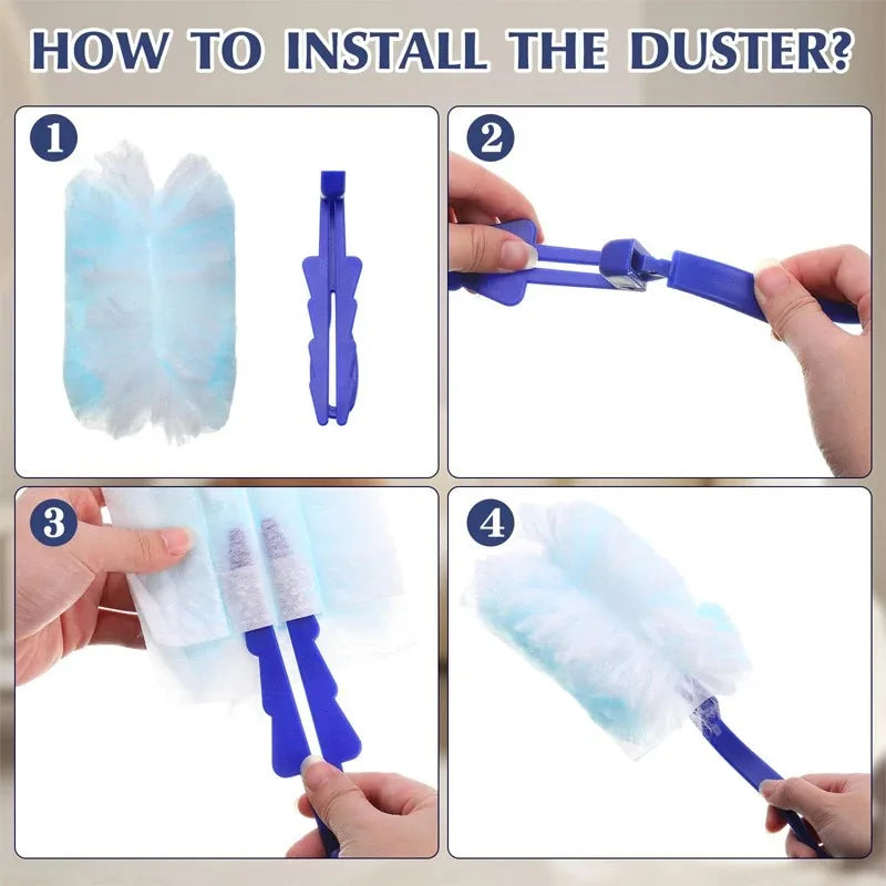 Four steps showing how to install the duster by attaching fiber heads to a handle.