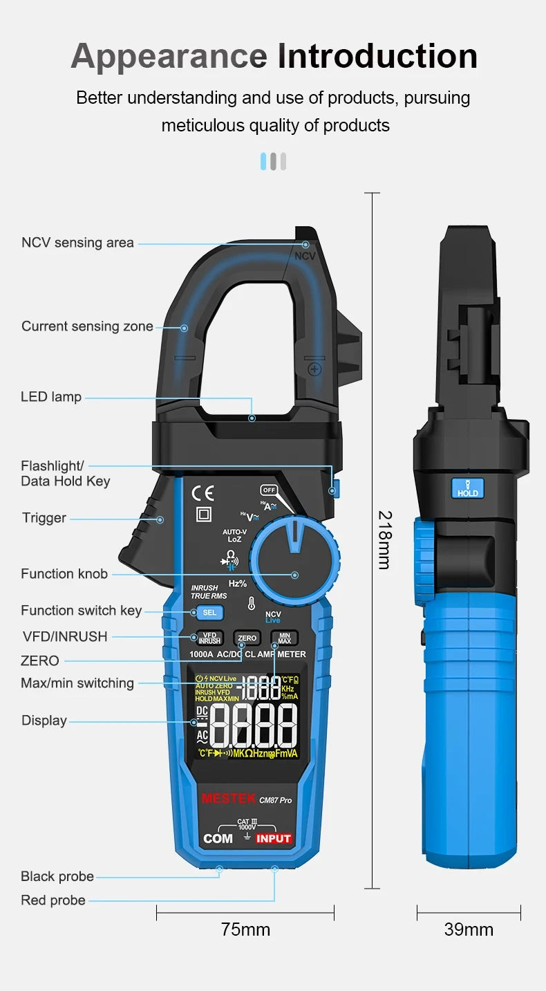 1000A True RMS Digital Clamp Meter with NCV Detection
