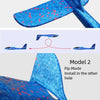 A blue foam glider plane is shown in two modes: install in the hole below and flip mode, ready for outdoor flight.
