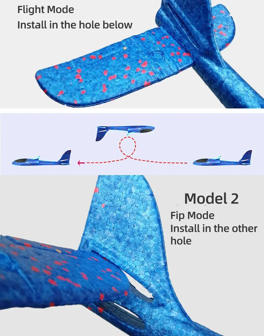 A blue foam glider plane is shown in two modes: install in the hole below and flip mode, ready for outdoor flight.