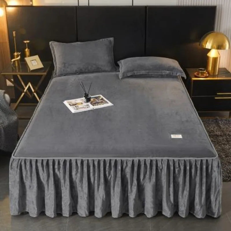 Cozy Milk Velvet Bed Skirt with Non-Slip Embroidered Trim