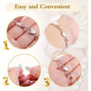 Three steps showing how to attach a heart-shaped magnetic clasp to a necklace or bracelet.