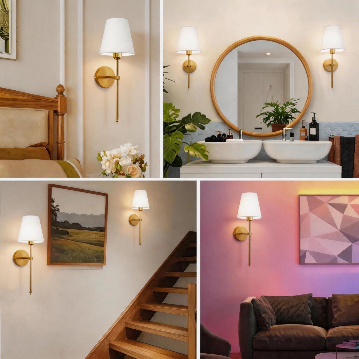 A collection of rechargeable wireless wall lamps mounted on white walls and a wooden staircase.