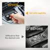 A comparison showing a car coin storage box used to quickly get coins versus difficulty finding the desired coin.