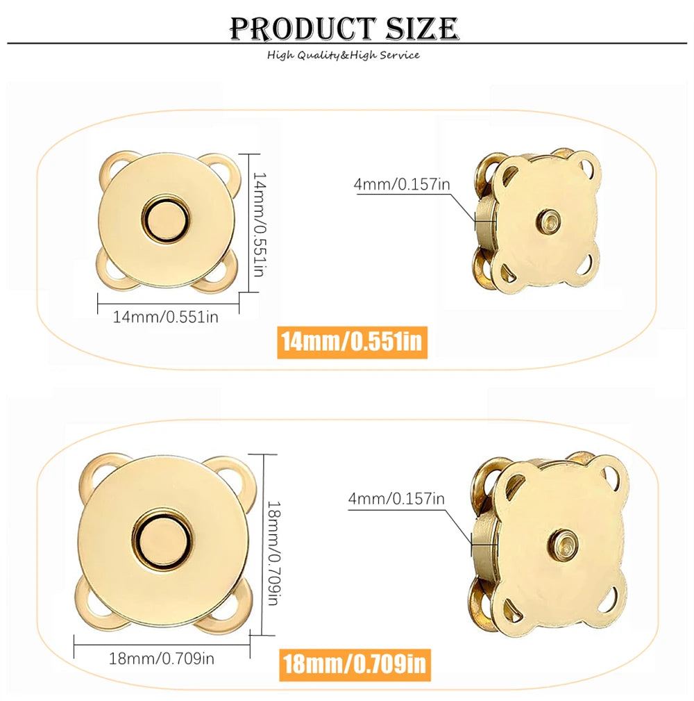 Dos tamaños de sujetadores magnéticos de metal color dorado para bolsos y ropa, mostrando las dimensiones.