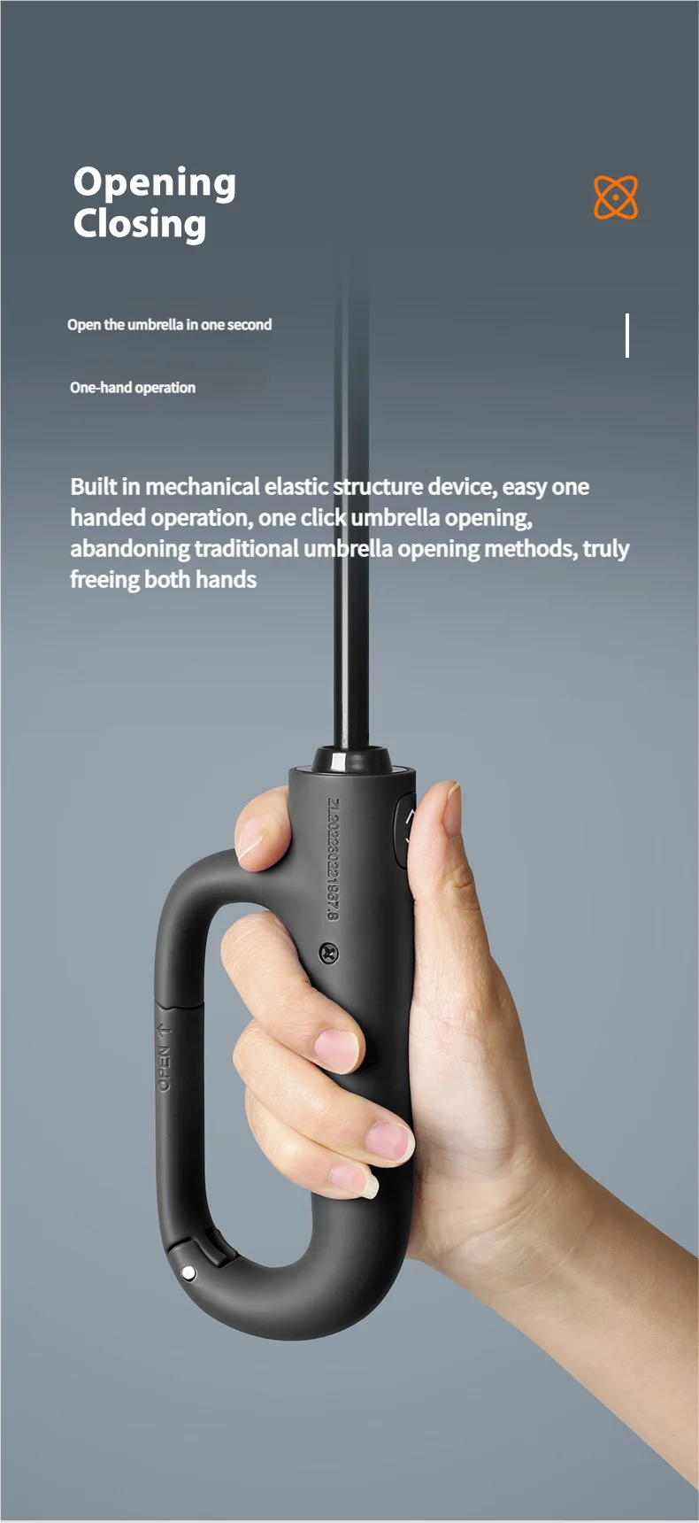 A hand is holding a black umbrella with a handle, demonstrating its one-hand operation.