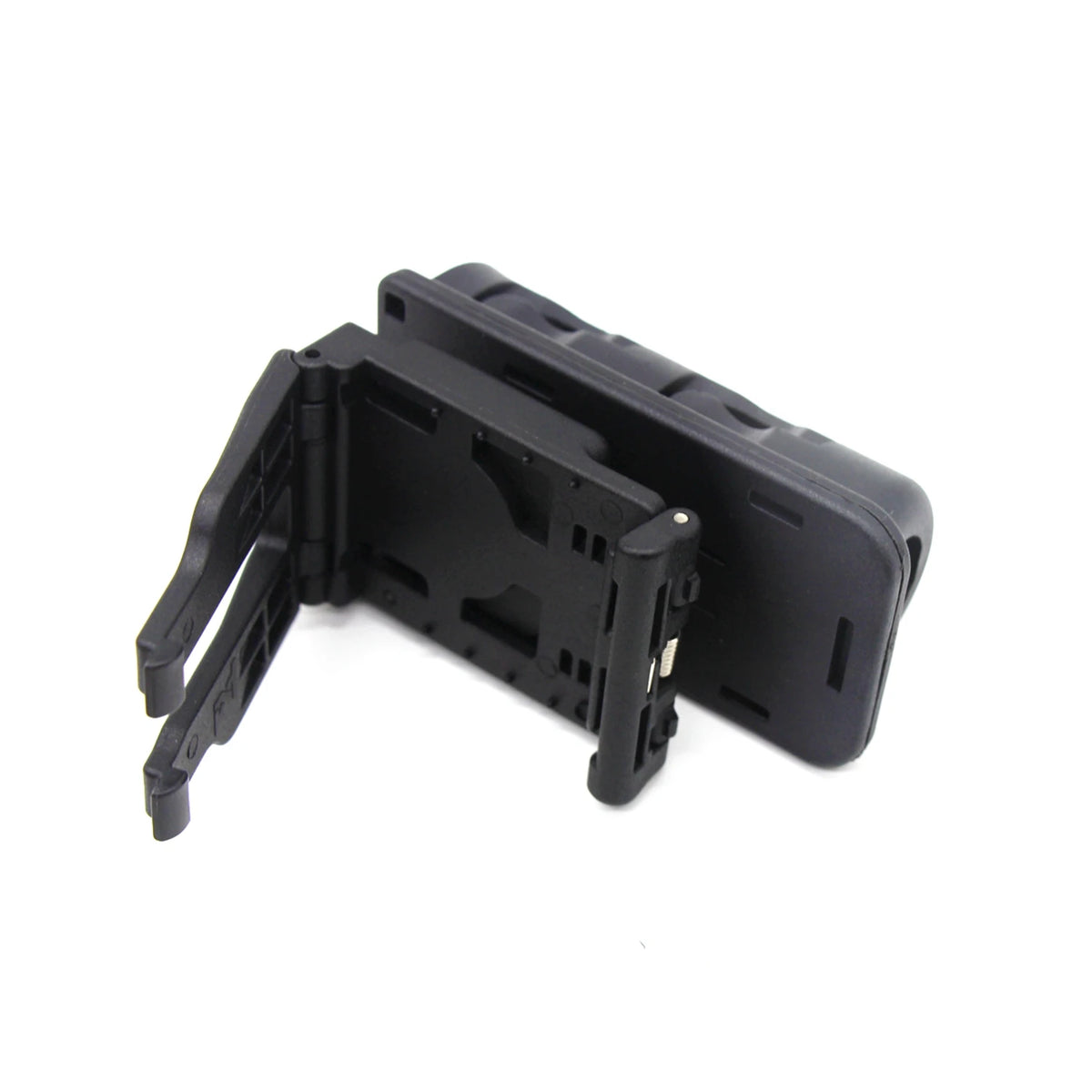Black tactical duty belt holder with a hinged design for secure storage.