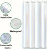 A white shower curtain with a shimmering finish, showing easy installation, waterproof features, and included hooks.