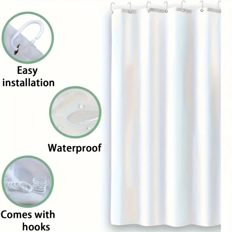 A white shower curtain with a shimmering finish, showing easy installation, waterproof features, and included hooks.
