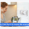 A waterproof shower phone holder is shown in various life scenarios, including personal grooming and bathing.
