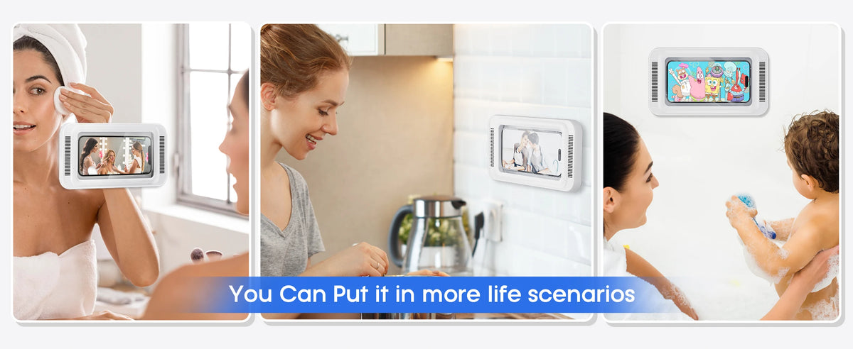 A waterproof shower phone holder is shown in various life scenarios, including personal grooming and bathing.