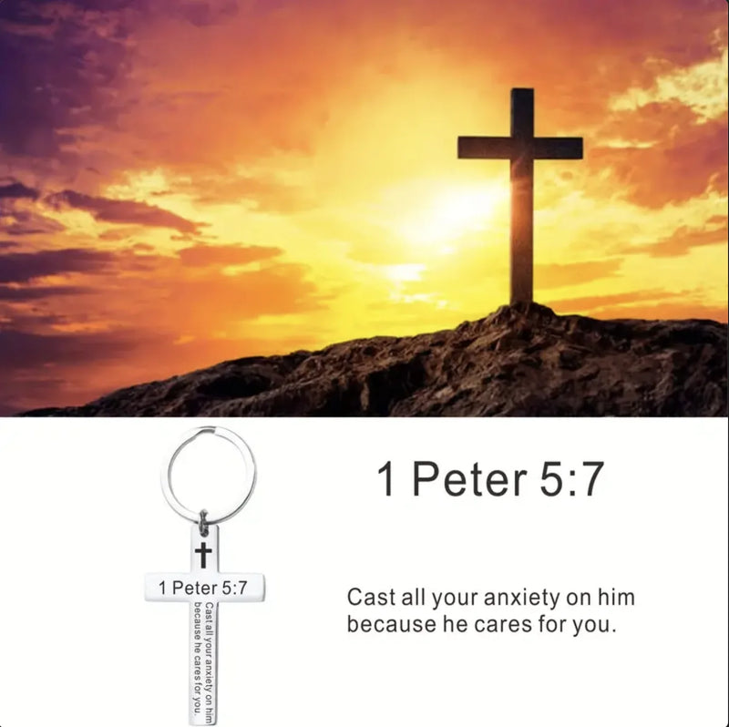 Stainless Steel Cross Keychain with Scripture