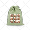 A light green drawstring storage bag featuring a repeating pattern of cute capybara faces.