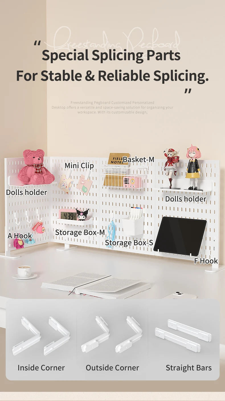 A desktop pegboard organizer featuring various storage parts like doll holders, hooks, and storage boxes for reliable splicin