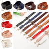 A collection of adjustable leather bag straps in various colors including black, brown, red, and white.
