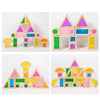 A set of colorful wooden building blocks shaped like houses and triangles for children's construction play.