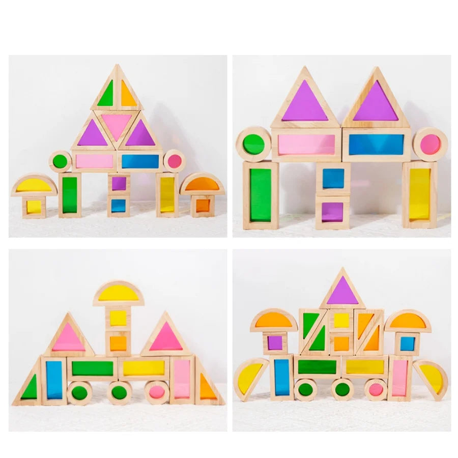 A set of colorful wooden building blocks shaped like houses and triangles for children's construction play.