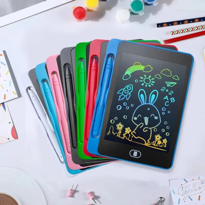 A stack of colorful 6.5-inch LCD writing tablets for kids, showing a bunny drawing on the screen.