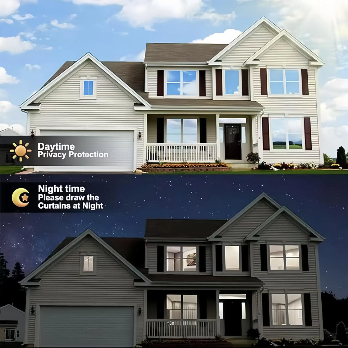 A two-story house exterior showing daytime privacy protection and nighttime curtains drawn.
