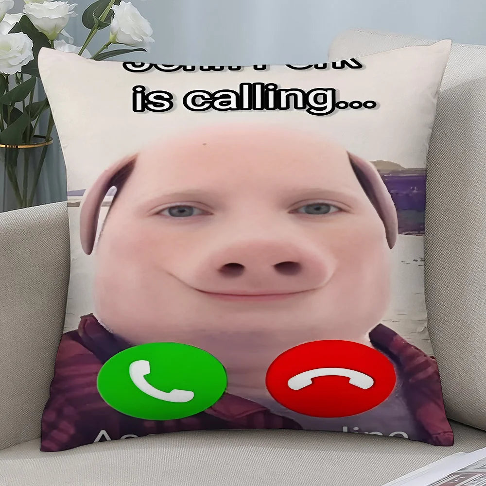 A novelty throw pillow featuring a cartoon pig face with text that reads is calling