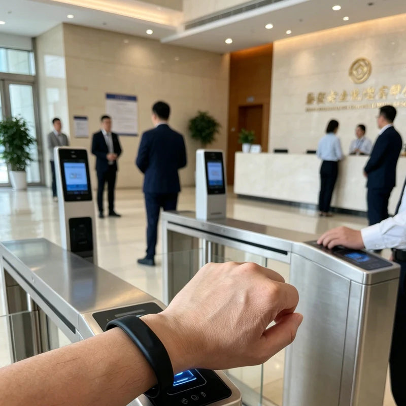 A hand is interacting with a silver access control reader device in a modern building lobby.