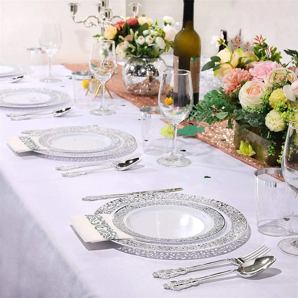 Elegant White Disposable Dinner Plates with Silver Lace Design